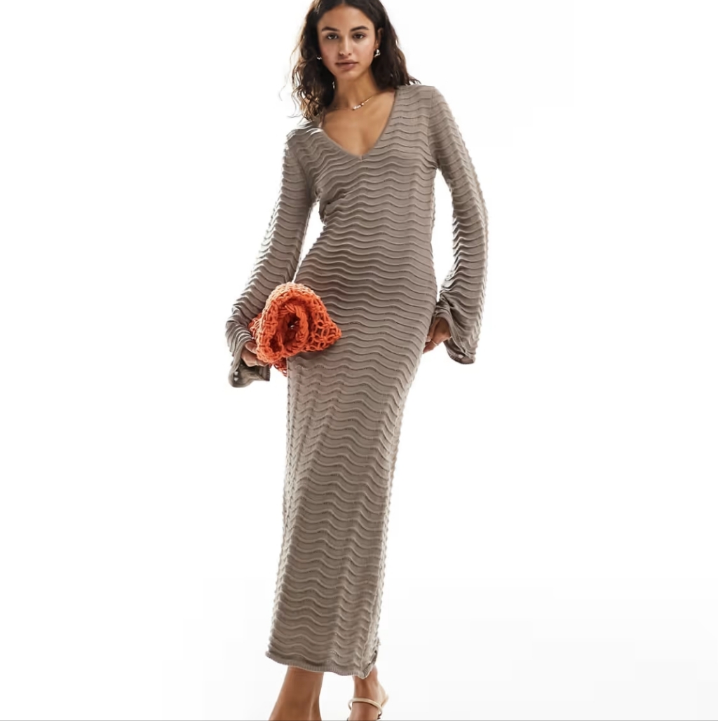 Pretty Lavish V-Neck Fine Knit Maxi Dress In Stone Size Small Nwt